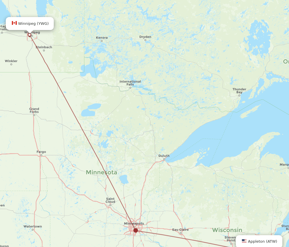 ATW to YWG flights and routes map
