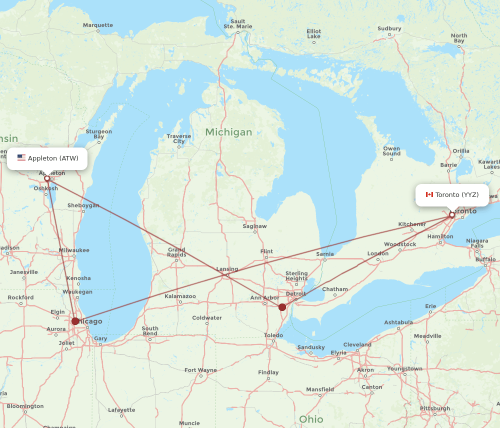 YYZ to ATW flights and routes map
