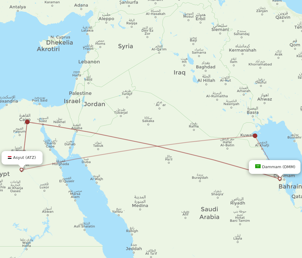 Dammam - Asyut route map and flight paths