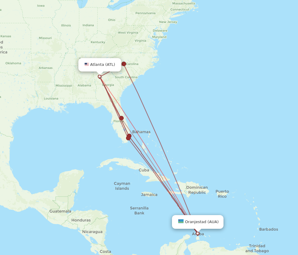 AUA to ATL flights and routes map