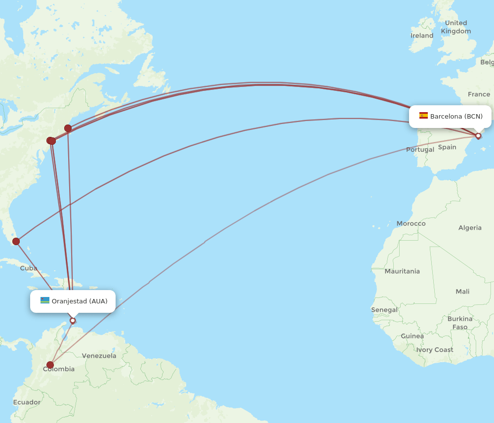 AUA-BCN flight routes