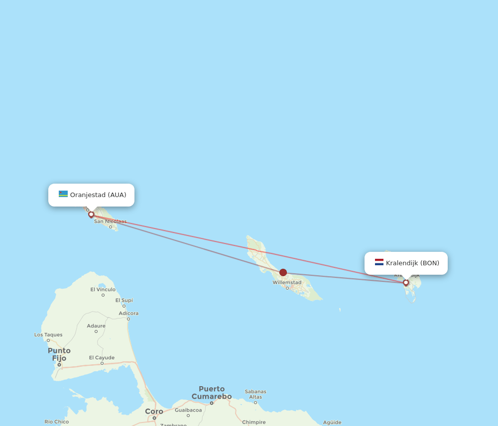 AUA to BON flights and routes map