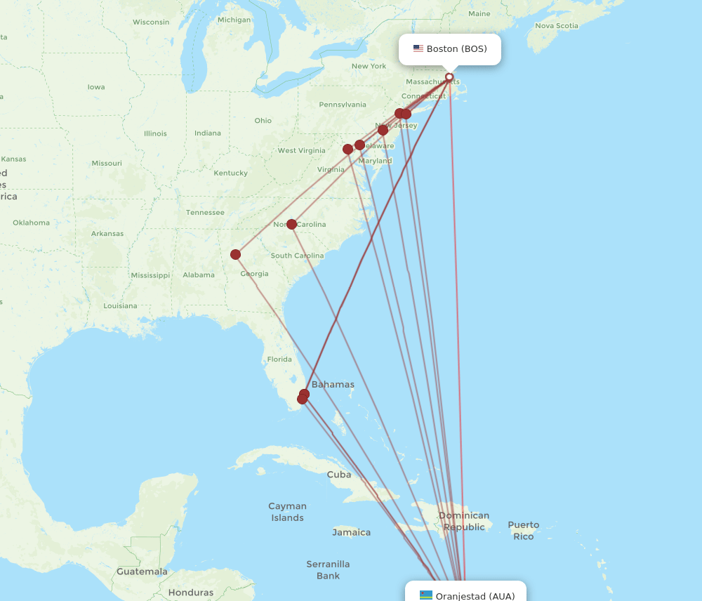 AUA-BOS flight routes