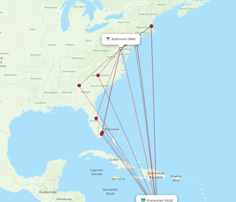 AUA to BWI flights and routes map