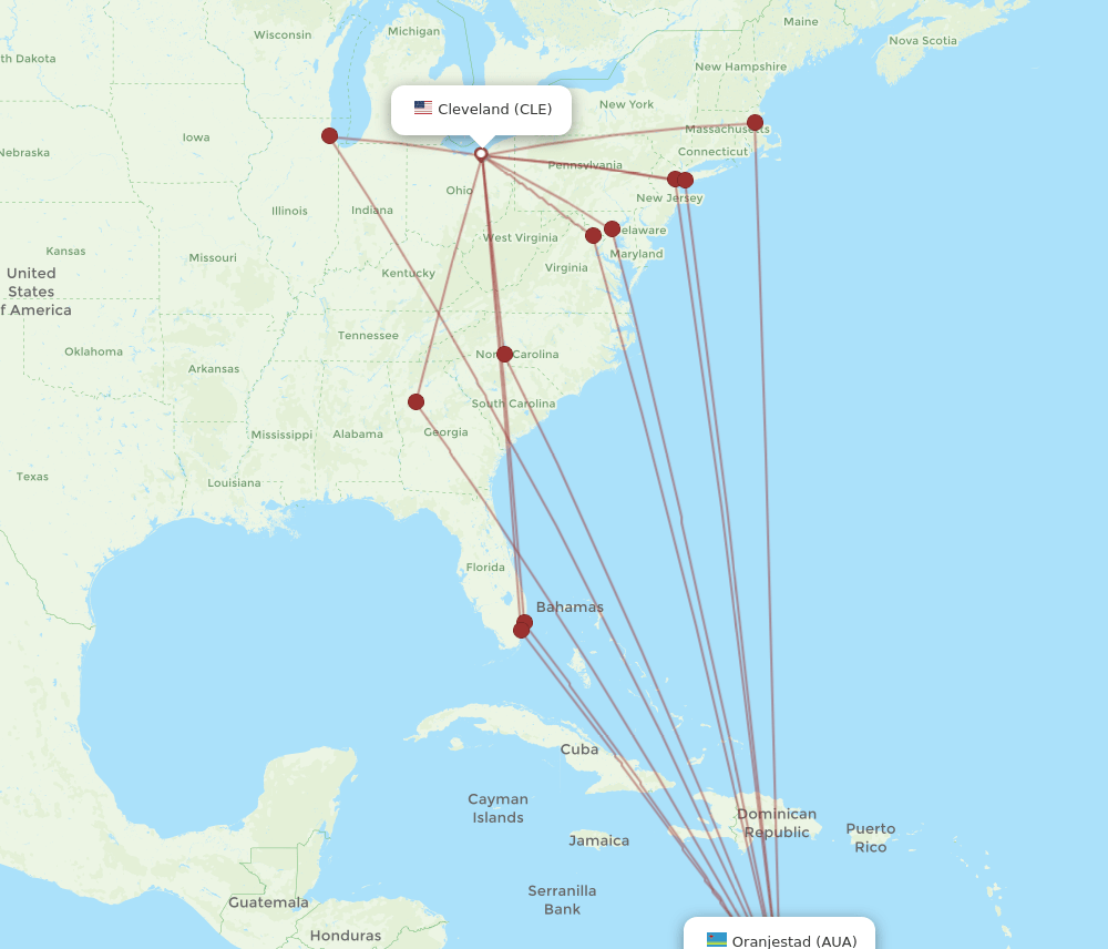 AUA-CLE flight routes