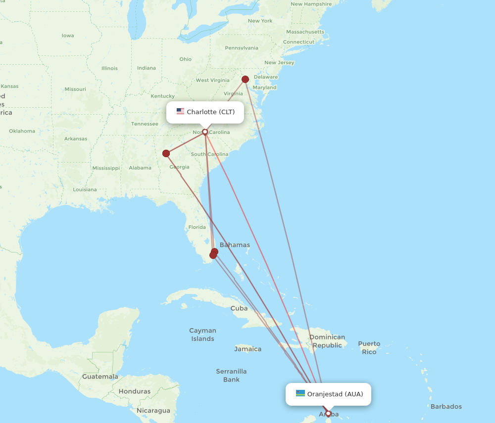 AUA to CLT flights and routes map