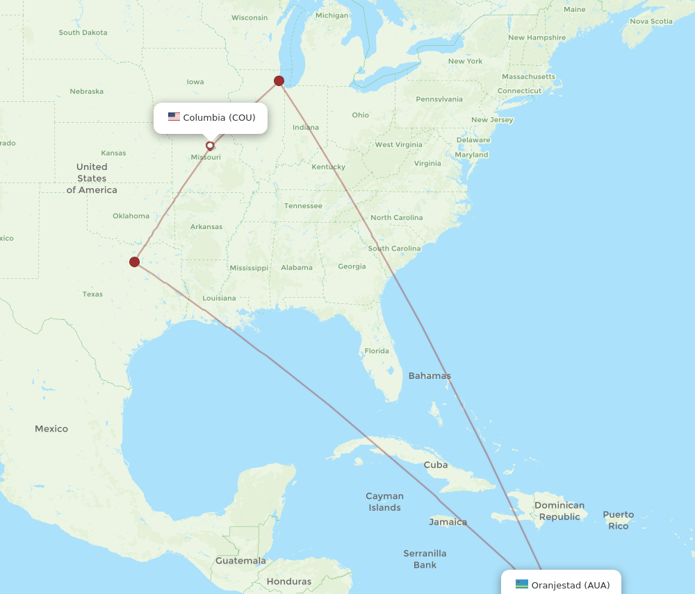 AUA to COU flights and routes map