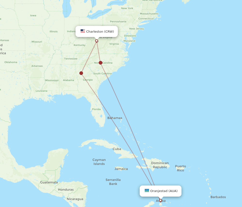 AUA to CRW flights and routes map