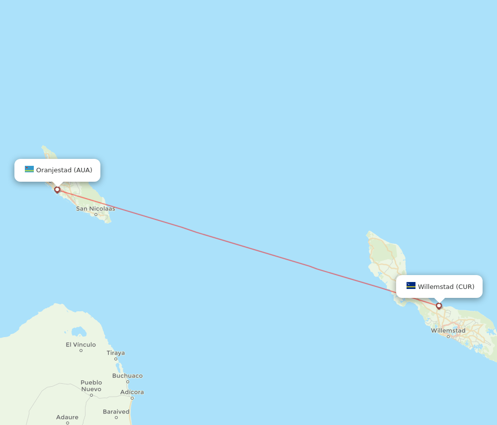 AUA to CUR flights and routes map