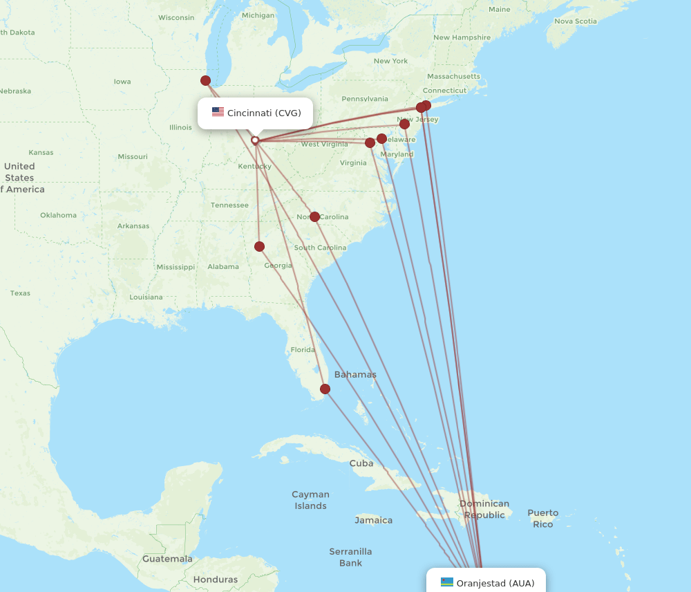 AUA to CVG flights and routes map