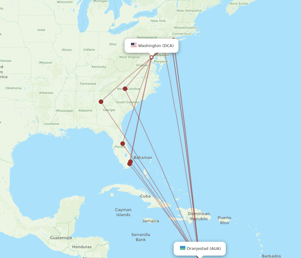 AUA-DCA flight routes