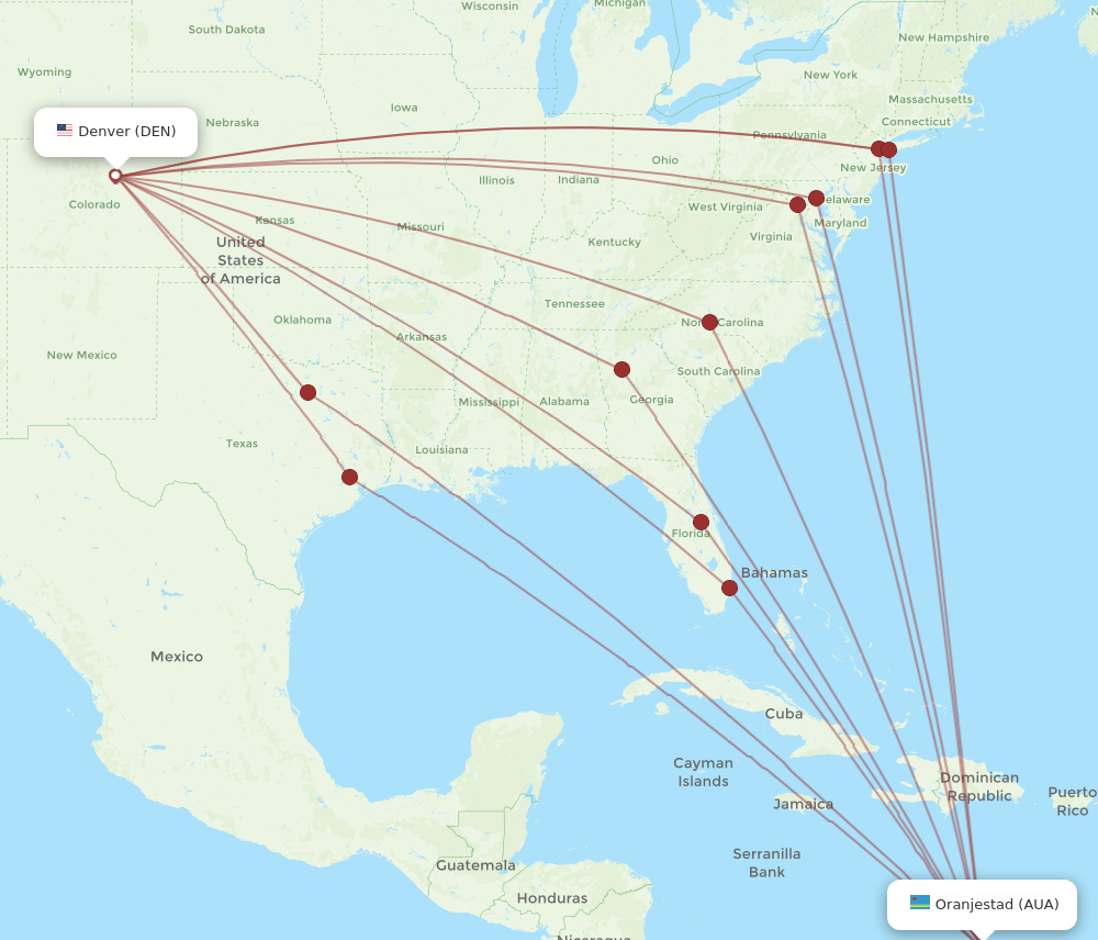 AUA to DEN flights and routes map