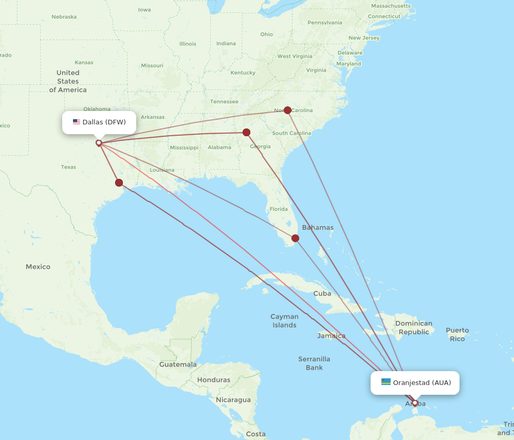 AUA to DFW flights and routes map