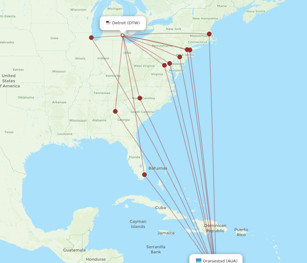 AUA-DTW flight routes