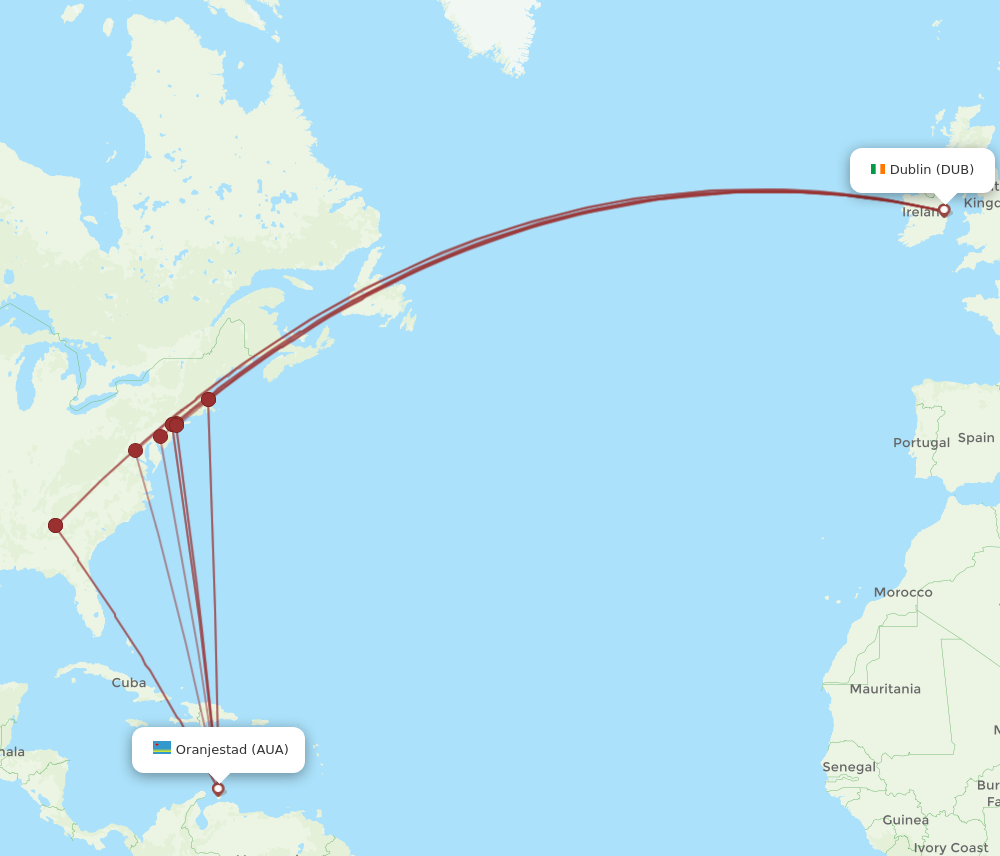 AUA to DUB flights and routes map