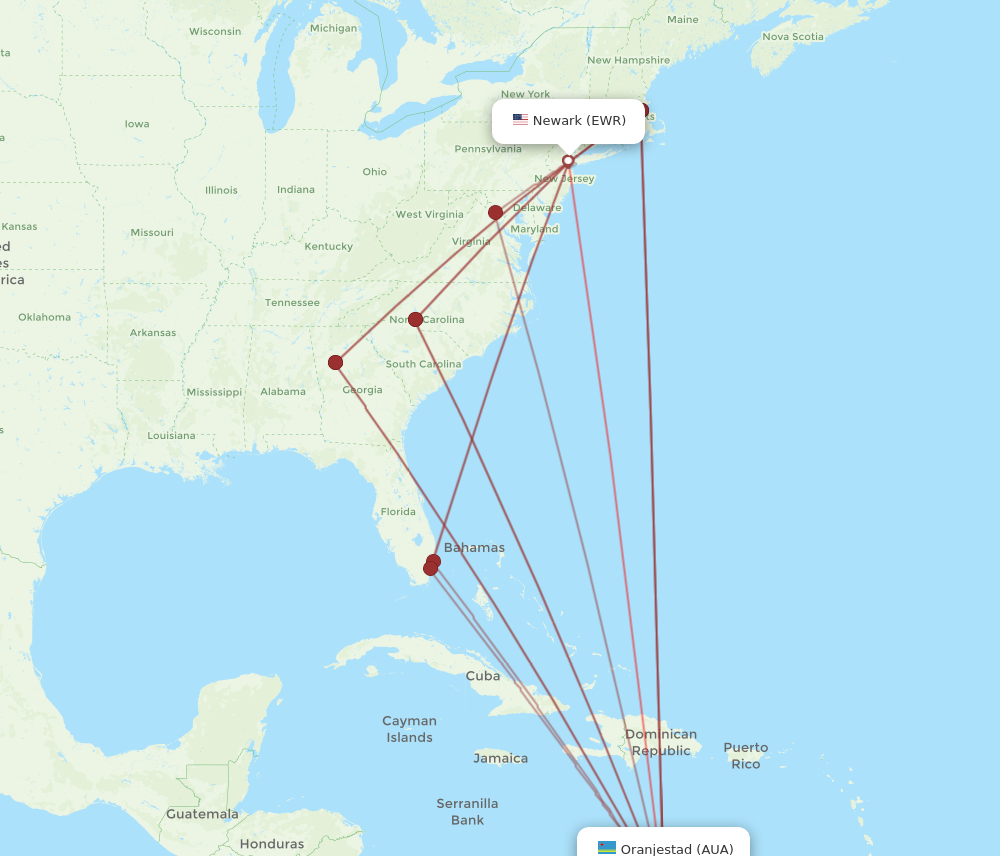AUA to EWR flights and routes map