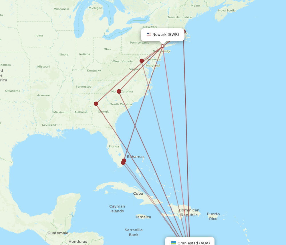 AUA-EWR flight routes