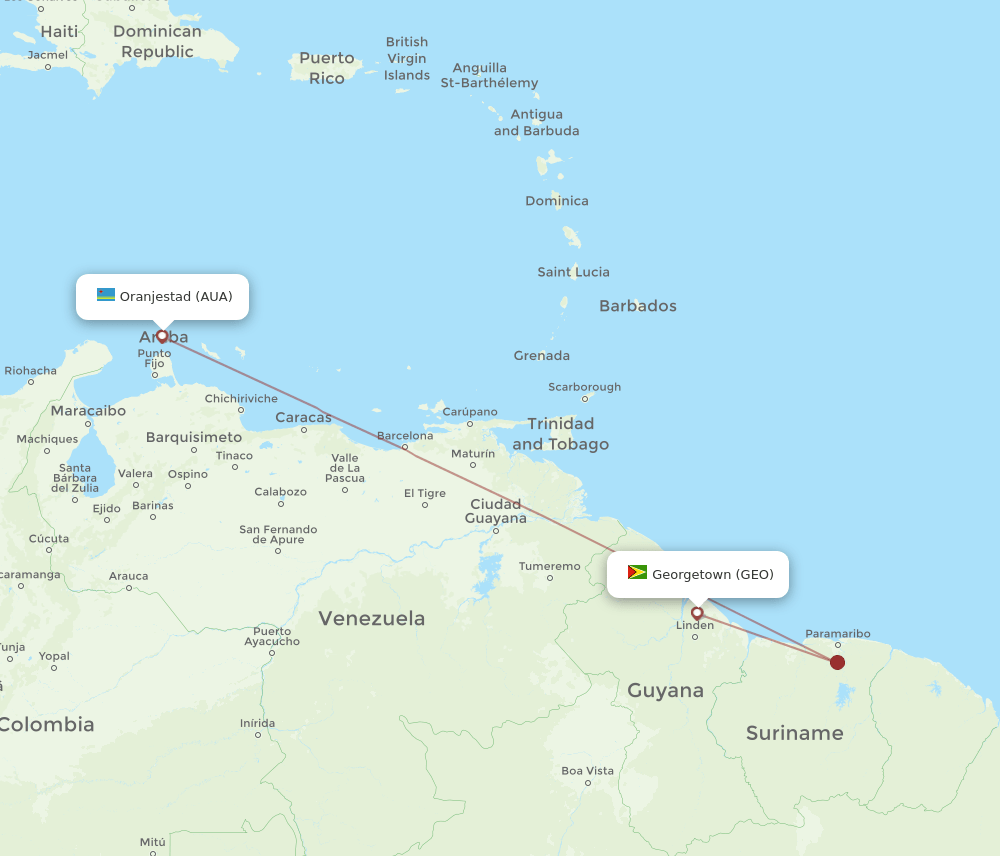 Georgetown - Aruba route map and flight paths