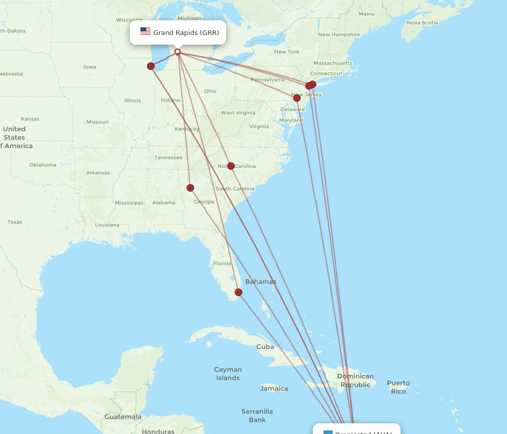 AUA to GRR flights and routes map