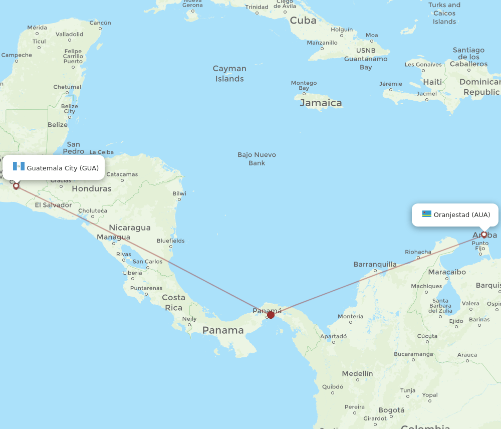 AUA to GUA flights and routes map