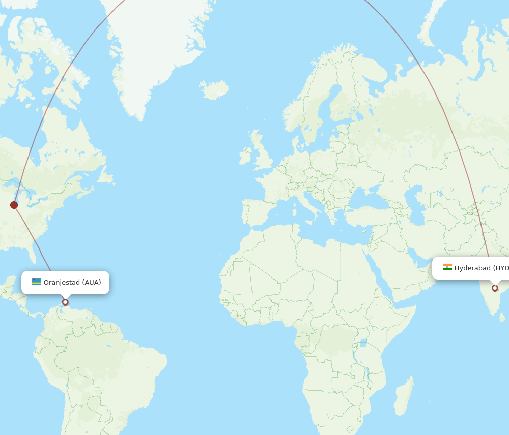 Hyderabad - Aruba route map and flight paths