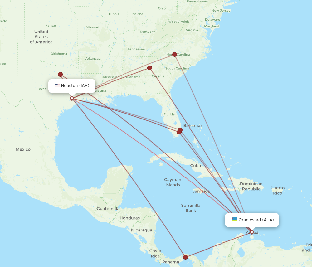 AUA to IAH flights and routes map