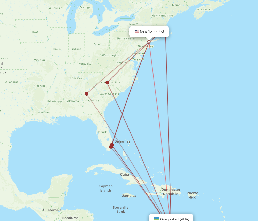 AUA to JFK flights and routes map