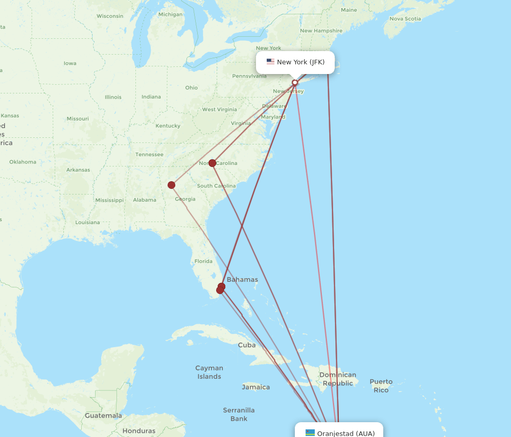 AUA-JFK flight routes