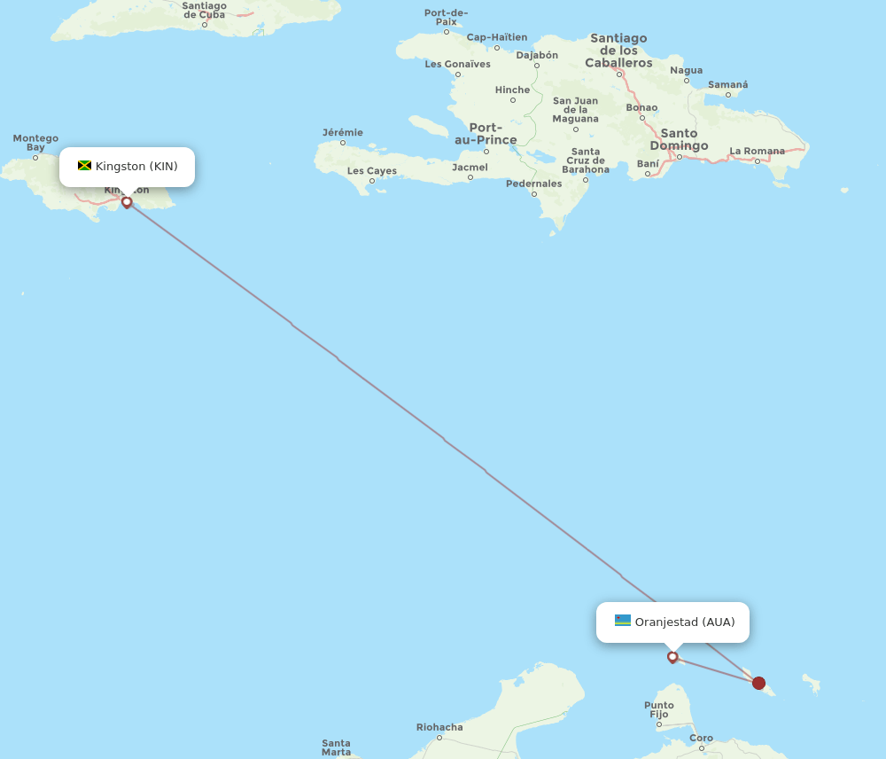 Aruba - Kingston route map and flight paths