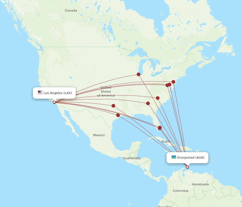 AUA to LAX flights and routes map