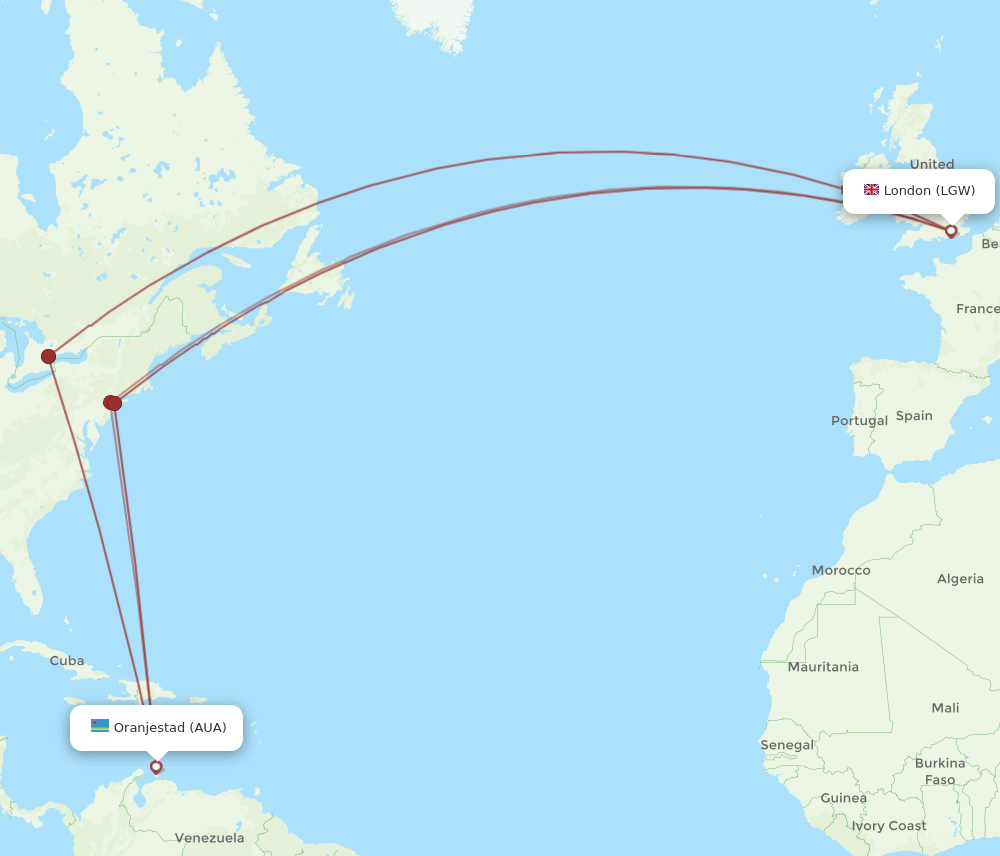 AUA-LGW flight routes