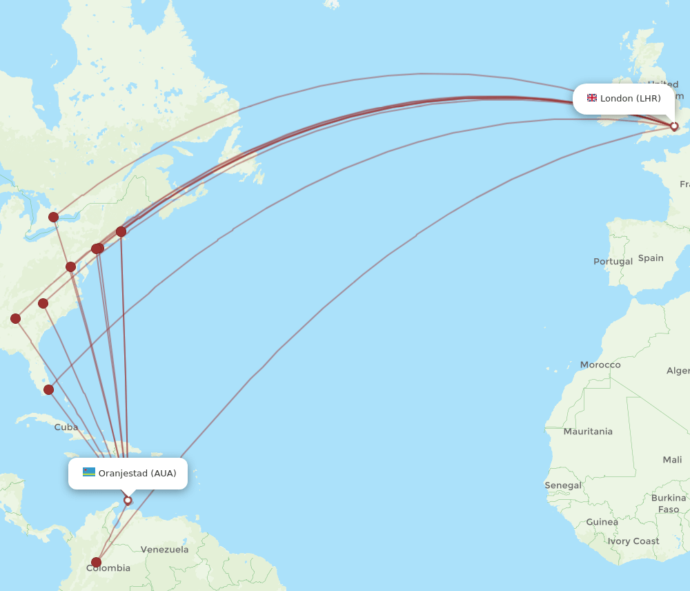 AUA-LHR flight routes