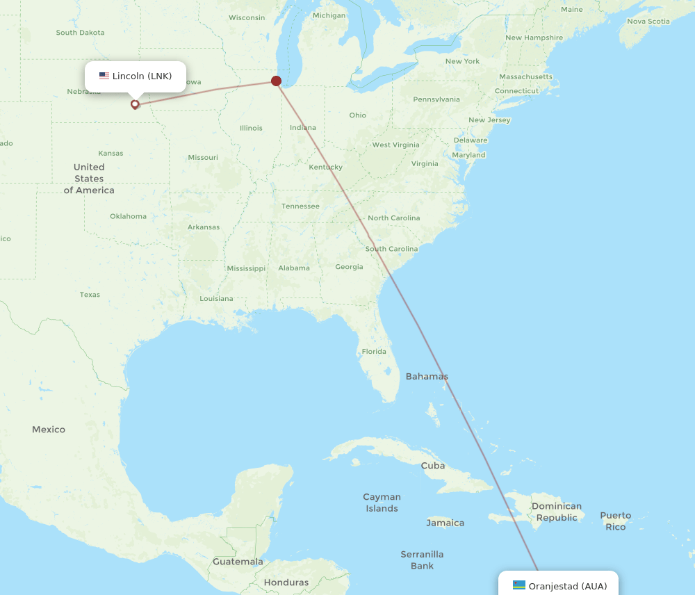 AUA to LNK flights and routes map