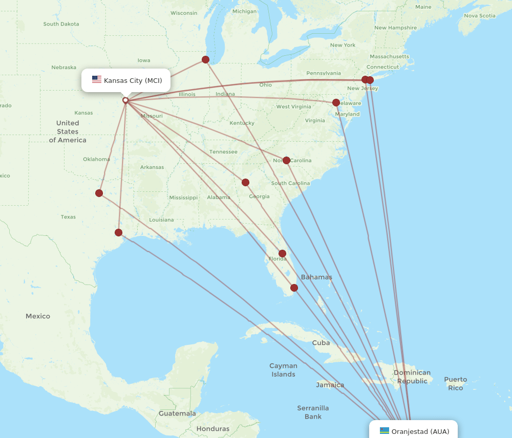 AUA-MCI flight routes