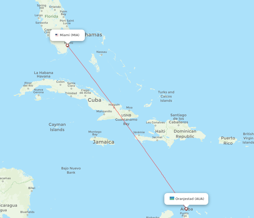 AUA to MIA flights and routes map
