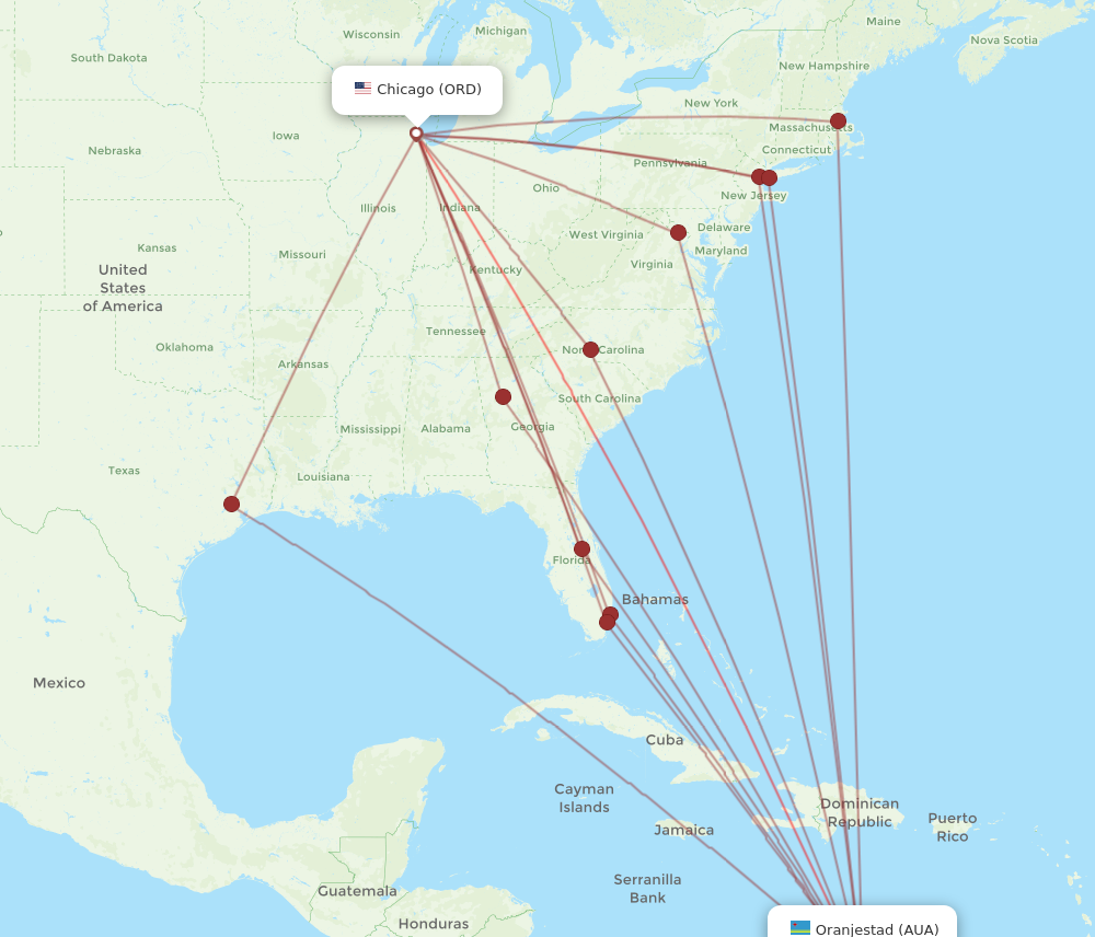 AUA to ORD flights and routes map