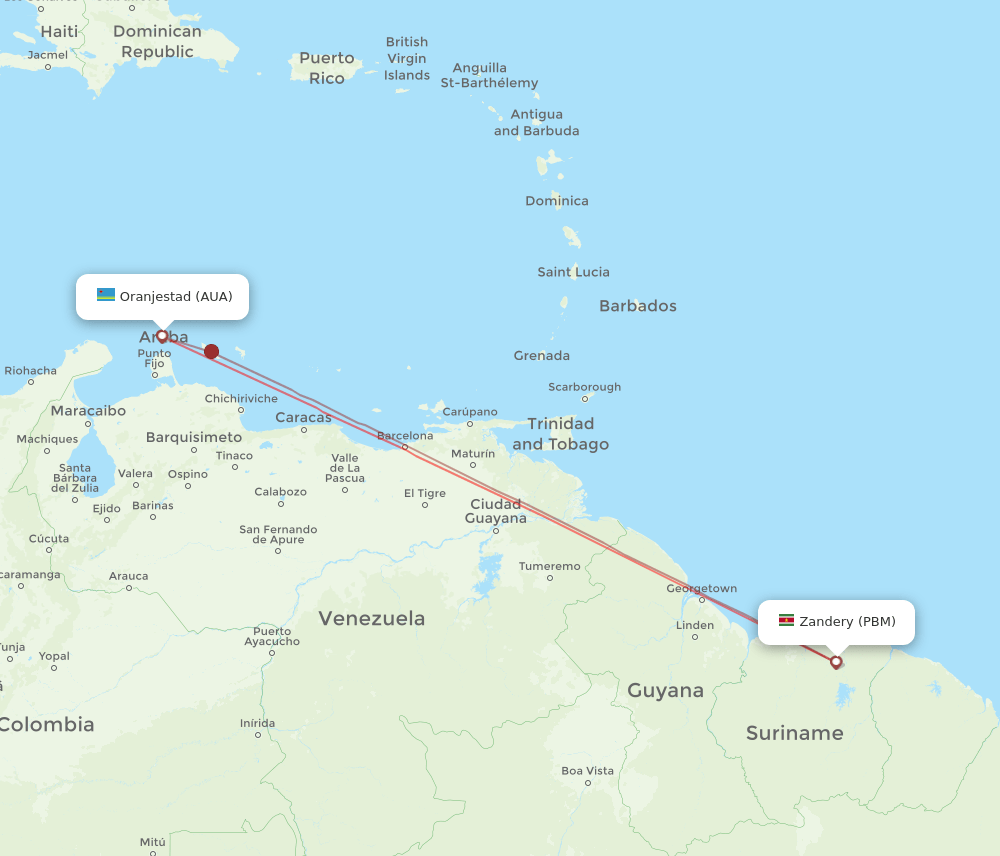 AUA to PBM flights and routes map