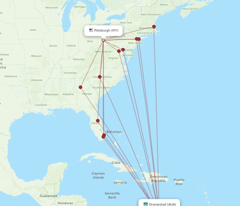 AUA to PIT flights and routes map