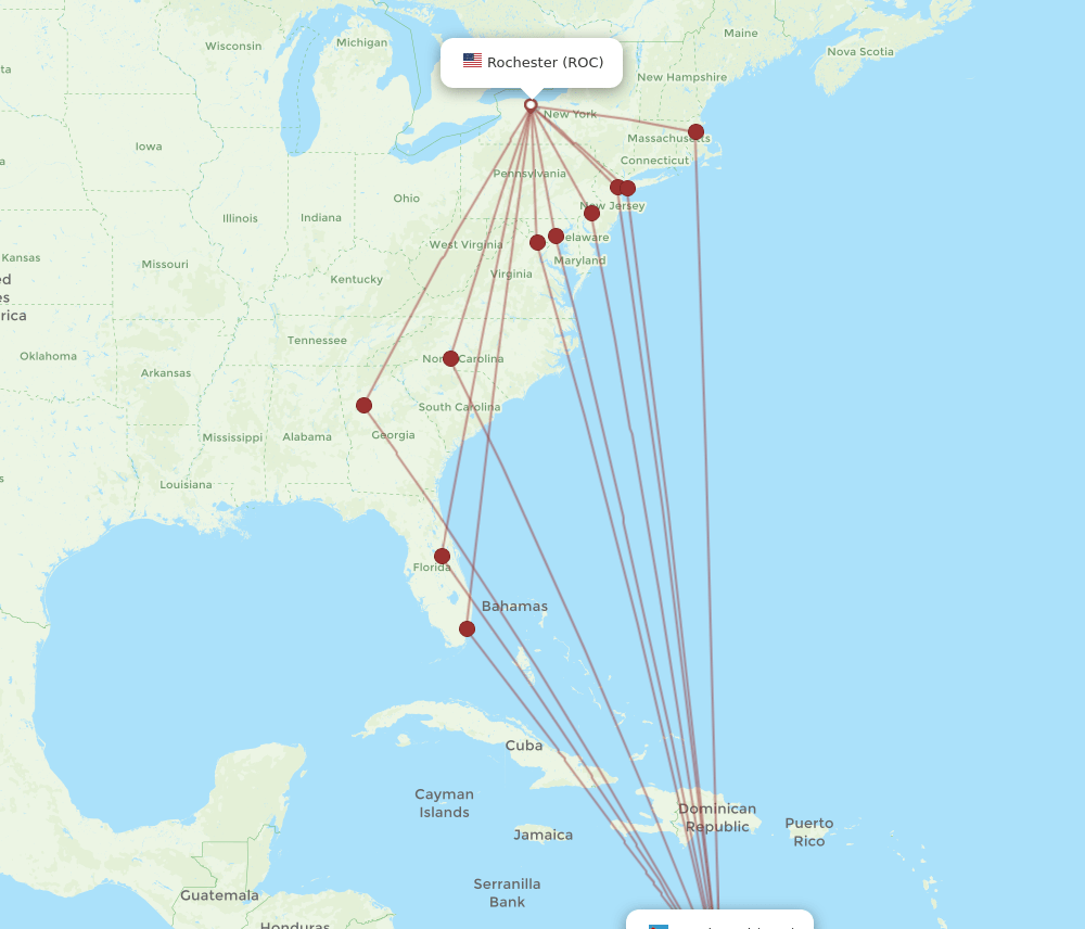 AUA-ROC flight routes