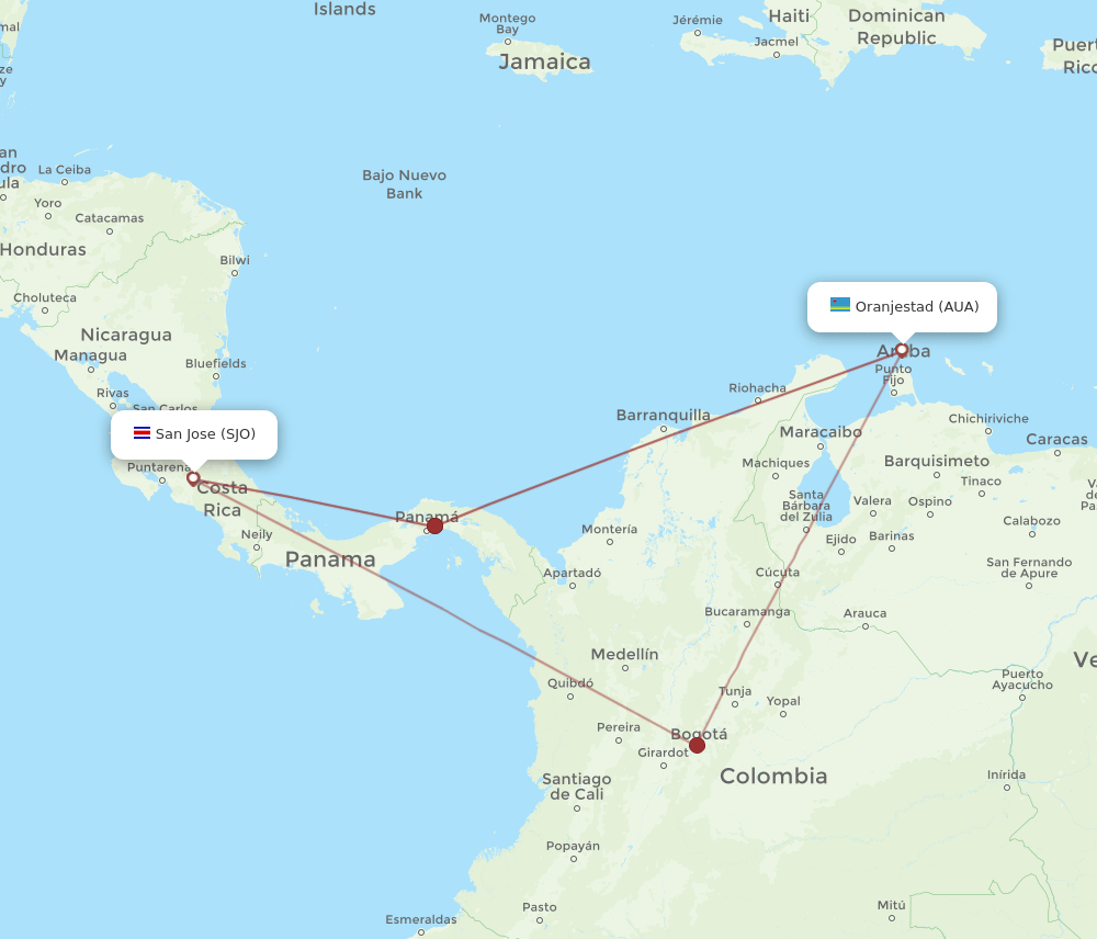 AUA to SJO flights and routes map