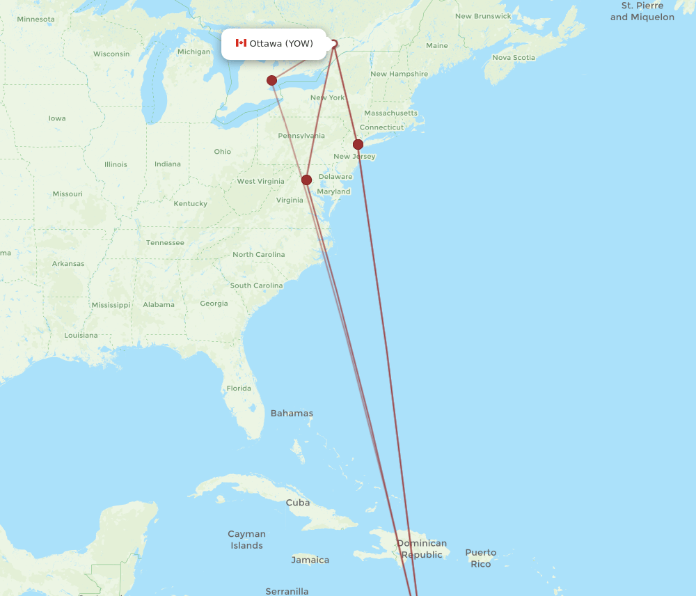AUA-YOW flight routes
