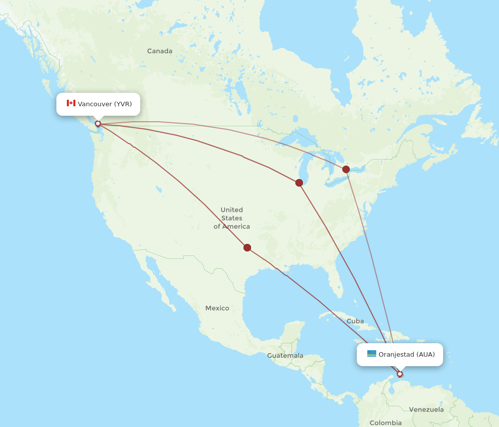 YVR to AUA flights and routes map