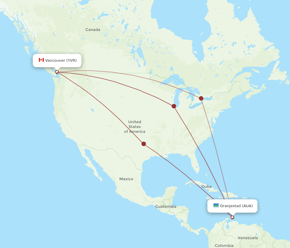 AUA-YVR flight routes