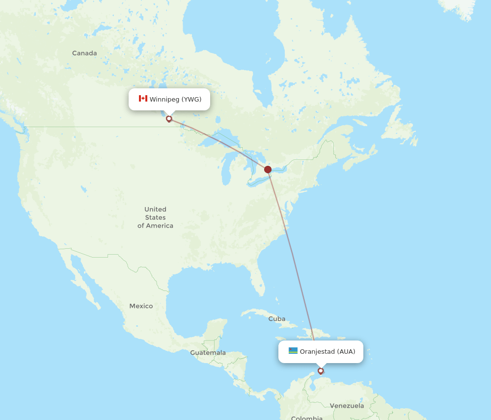 AUA to YWG flights and routes map