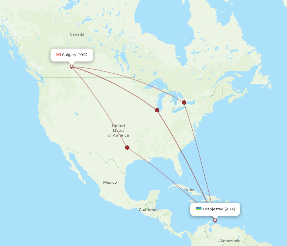 AUA to YYC flights and routes map