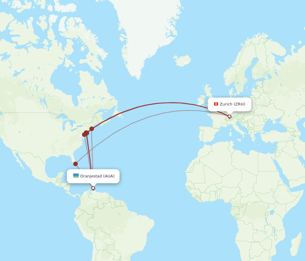 Zurich - Aruba route map and flight paths