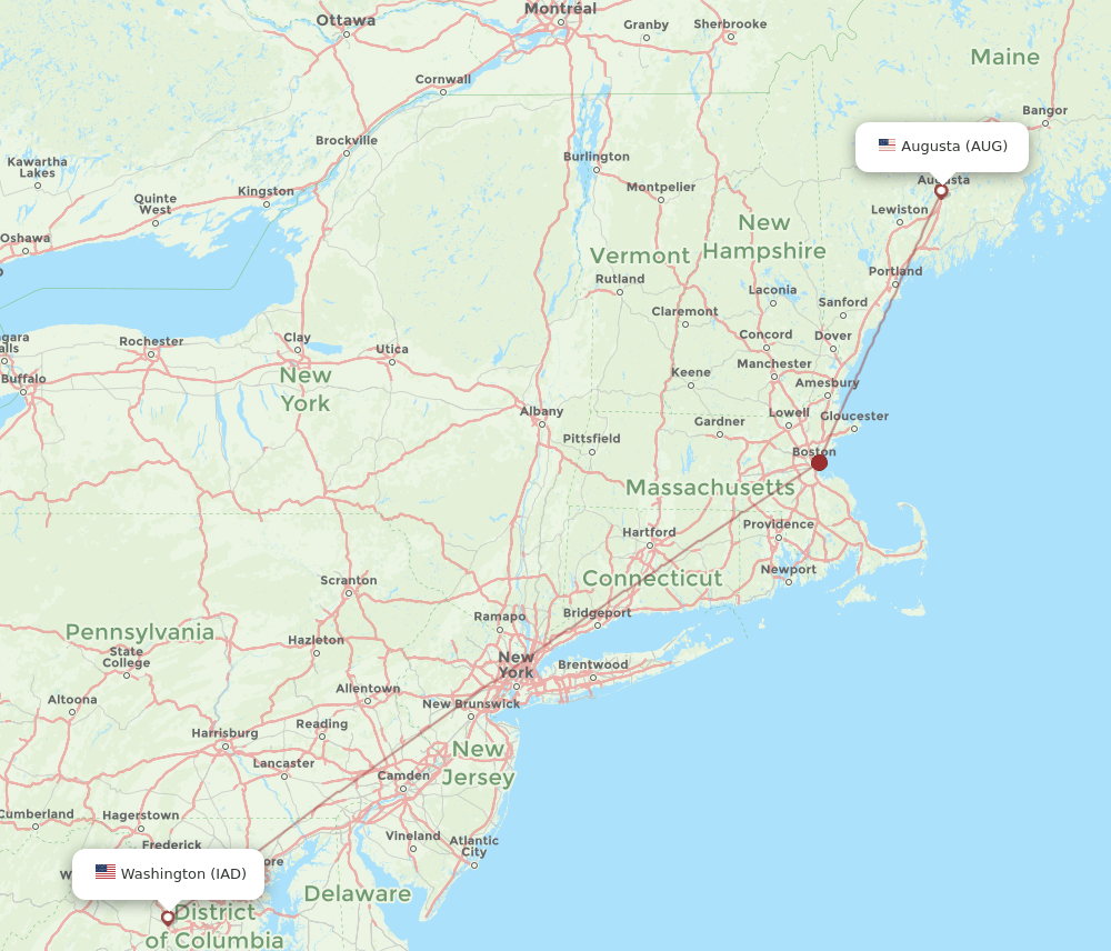 IAD to AUG flights and routes map