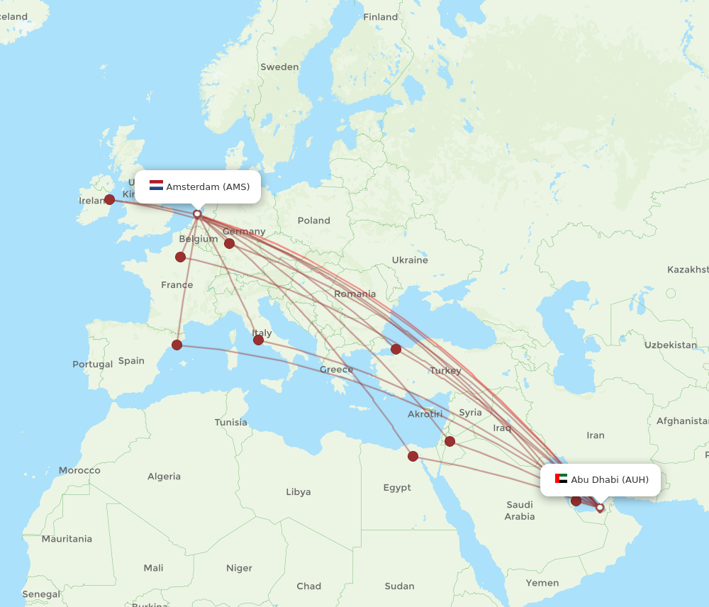 AUH to AMS flights and routes map