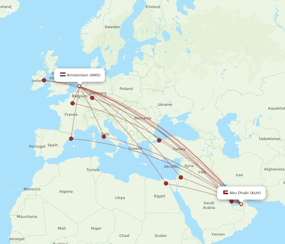 AUH to AMS flights and routes map