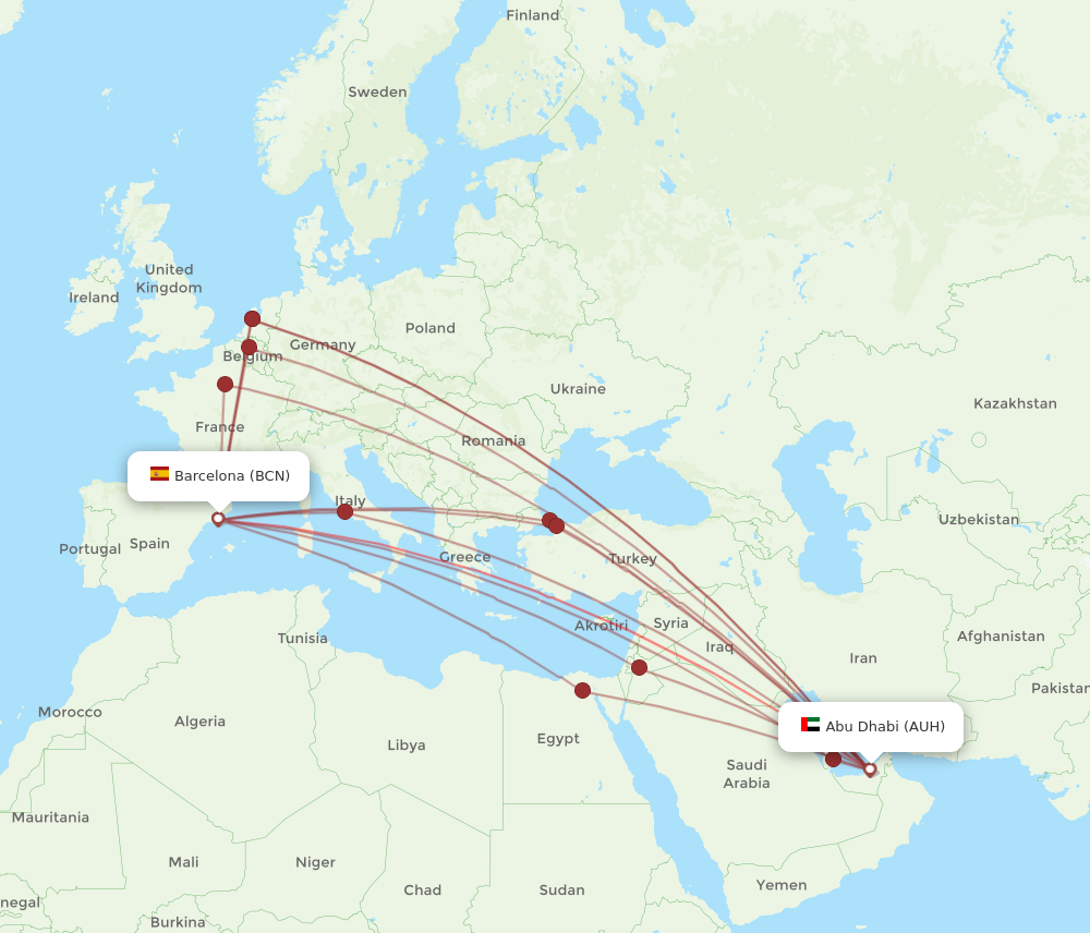 AUH to BCN flights and routes map